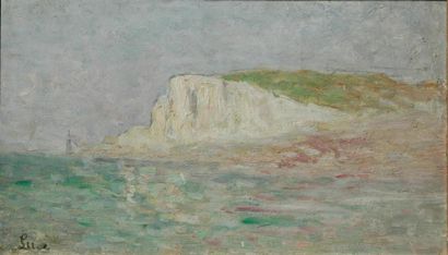 null Maximilien LUCE (1858-1941) La falaise à Mers Huile sur carton. Signée en bas...