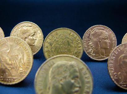 null Huit monnaies de 20 francs or des années 1907, 1908, 1909, 1910, 1911, 1914...