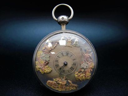 null Montre gousset en argent, cadran argenté guilloché à décor de deux personnages...