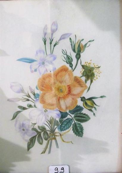 null Ecole française du XIXe. Bouquet de fleurs dans une corbeille sur un entablement,...