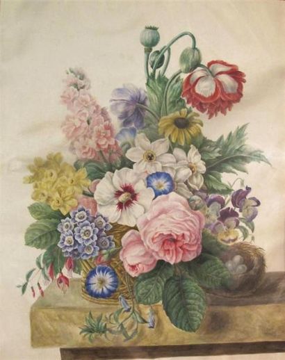 null Ecole française du XIXe. Bouquet de fleurs dans une corbeille sur un entablement,...