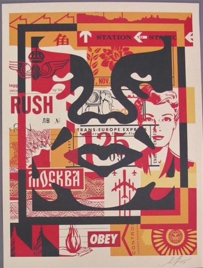 null Shepard FAIREY (1970). Obey collage. Tryptique, sérigraphie, signée, datée 2017....