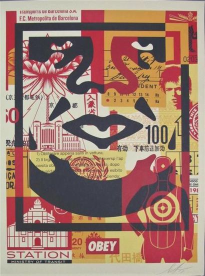 null Shepard FAIREY (1970). Obey collage. Tryptique, sérigraphie, signée, datée 2017....