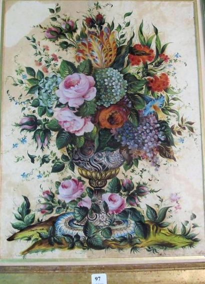 null Michel LEOPOLD?. Bouquet de fleurs dans un vase, aquarelle réhaussée de gouache...