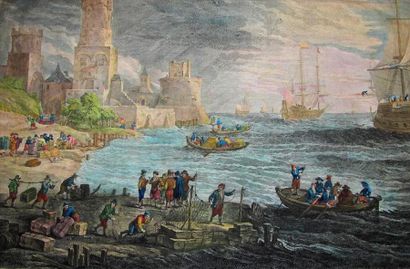 null Ensemble de gravures du XVIIIe dont "Encyclopédie" de DIDEROT, "Grand port en...