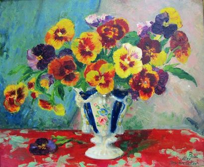 null Paul-Alex DESCHMAKER (1889-1973). "Bouquet de pensées dans un vase". Huile sur...