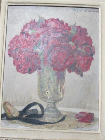 null Edgard MAXENCE (1871-1954). "Bouquet de roses rouges". Huile sur isorel encadrée...
