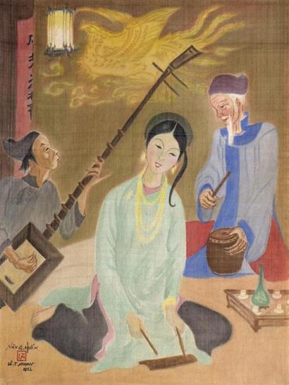 null LE NANG HIEN (1921-2014) & LE LY NGOAN
LES MUSICIENS.
Peinture sur soie marouflée...