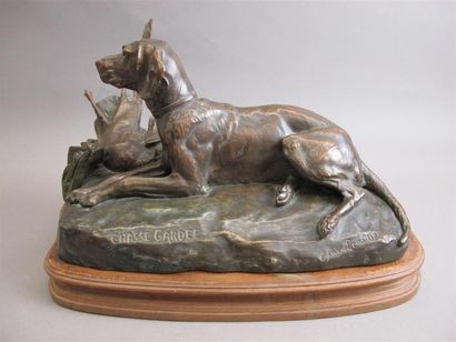 null Églantine Robert- H.LEMAÎTRE (1852-1920)
Chasse gardée
Groupe en bronze à patine...