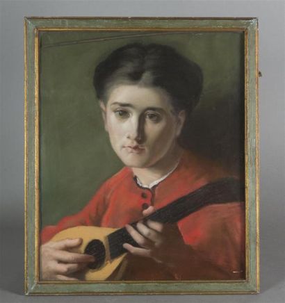 null Ecole française du XIXème siècle Joueuse de mandoline Pastel sur papier, note...