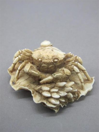 null JAPON - Epoque MEIJI (1868 - 1912) Netsuke en ivoire sculpté figurant un crabe...