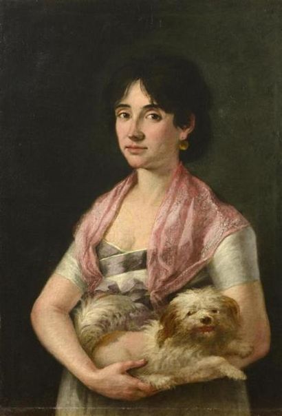 null Ecole espagnole vers 1810, entourage de GOYA
Portrait de femme au chien
Huile...