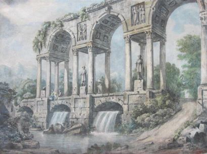 null Ecole française de la fin du XVIIIe siècle Vue d'un aqueduc en ruine
Gouache...