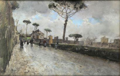 null Giuseppe CASCIARO (1863-1945) Vue d'une rue à Rome Pastel sur papier. 31 x 48...