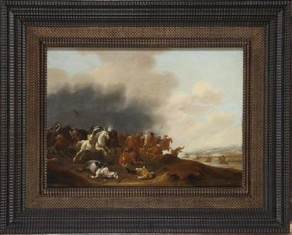 null Jan Jacobz VAN DER STOFFE (1611-1682) Scène de cavaliers chargeant
Huile sur...