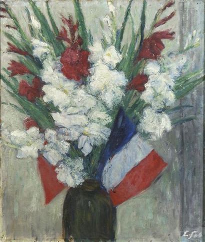 null Louis SÜE (1875-1968) Bouquet de fleurs et drapeaux français dans un vase
Huile...