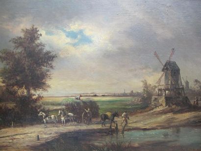 null Ecole flamande du XIXe siècle Paysage au moulin et à la charrette de foin Huile...