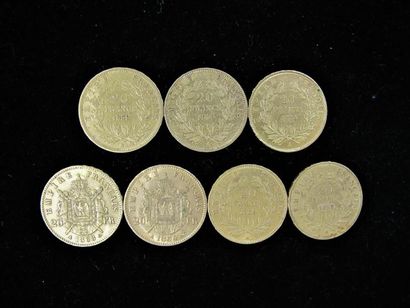 null FRANCE. 7 pièces de 20 francs or, Napoléon tête nue, 1854, 1855, 1858, 1859....