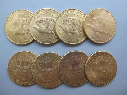 null AMERIQUE. 8 pièces de 20 dollars or, années : 1905 (4 San Francisco), 1908 (4),...
