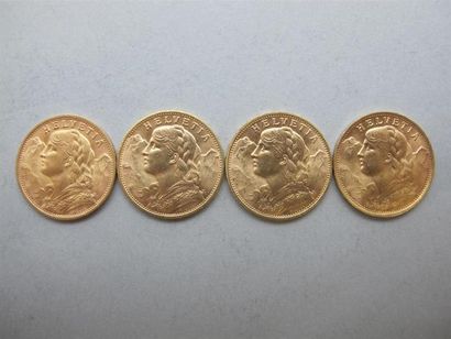 null SUISSE, Confédération Hélvétique. 4 pièces de 20 francs or, Croix Suisse (1916-1935)...