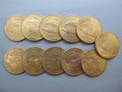 null AMERIQUE. 11 pièces de 20 Dollars or. Années 1927 (1), 1924 (4), 1914 (1 San...