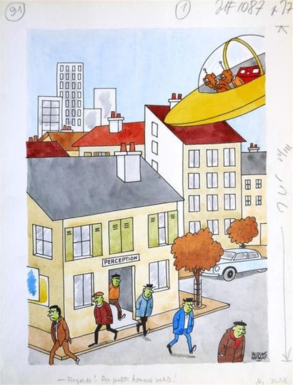 null " Regarde ! Des petits hommes verts !", 1975.
Aquarelle en couleurs sur papier...