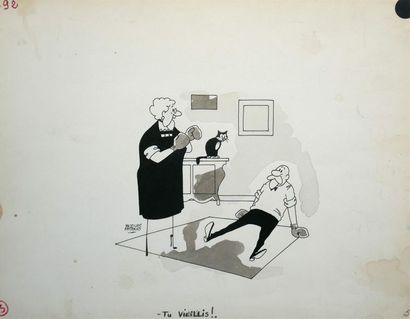 null " Tu vieillis !", 1961.
Dessin à l'encre et lavis d'encre noire sur papier signé...