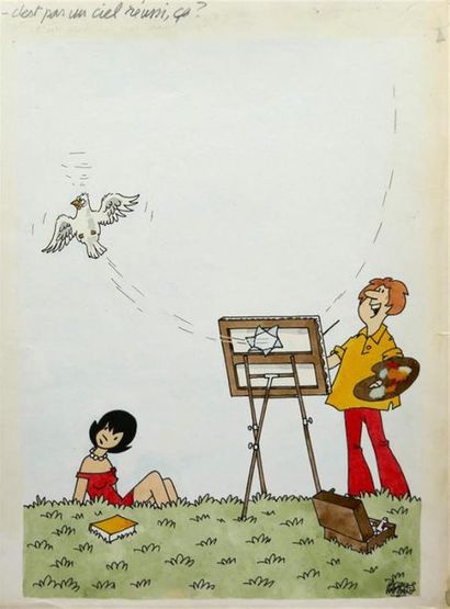 null " C'est pas un ciel réussi, ça ?", 1974.
Aquarelle en couleurs sur papier signé...