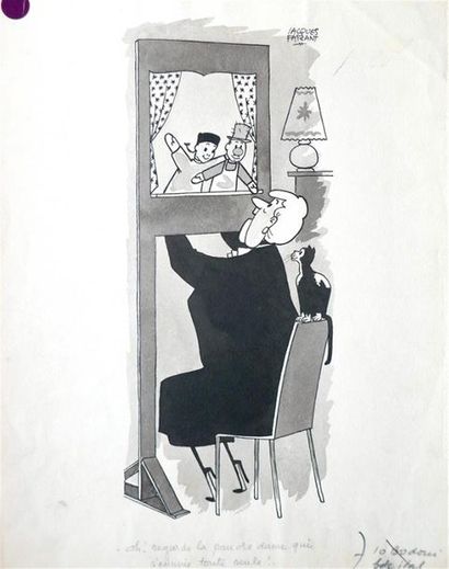 null " Oh ! Regarde la pauvre dame qui s'ennuie toute seule ! ", 1958.
Dessin à l'encre...
