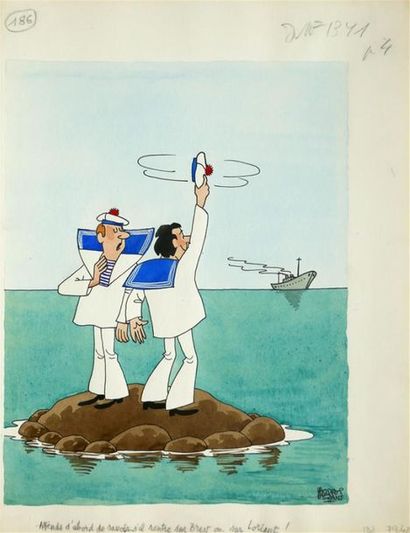 null " Attends d'abord de savoir s'il rentre sur Brest ou Lorient !", 1980.
Aquarelle...