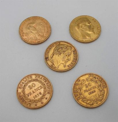 null Cinq pièces de 20 francs or, Napoléon tête nue (2), Napoléon tête laurée (1),...