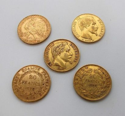 null Cinq pièces de 20 francs or, Napoléon tête nue (2), Napoléon tête laurée (1),...