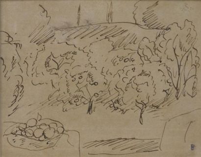 null Pierre BONNARD (1867-1947) 
Les pommiers 
Encre sur papier et panier de pommes...