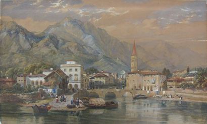 null James HARDING (1798-1863)
Vue de Lugano.
Aquarelle sur papier contrecollée sur...