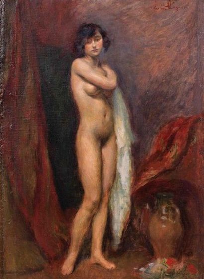 null Lucien MIGNON (1865-1944)
Nue au drapé blanc.
Huile sur toile, signée en haut...