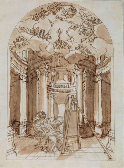 null École italienne vers 1700
Saint Luc devant son chevalet 
Encre brune et lavis...