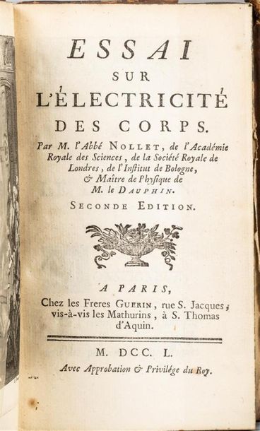 null Abbé Jean-Antoine NOLLET. Essai sur l'électricité des corps. Paris, Frères Guérin,...