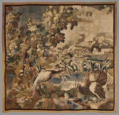null Panneau de tapisserie d'Aubusson début XVIII°Siècle en laine et soie. Carton...