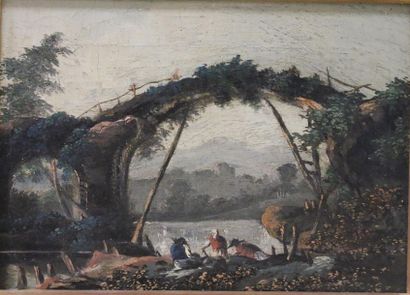 null Attribué à Jean-Baptiste PILLEMENT (1728-1808)
Huile sur panneau
Vue d'un pont
14...