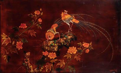 null Thanh Lê NGUYEN (1919-2003)
Coq sur des fleurs
Laque polychrome sur bois, signé...