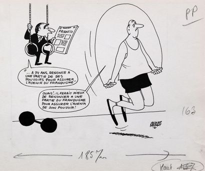 null Conversation entre Pompidou et de Gaulle sur " Franco.", 1966.
Dessin à l'encre...