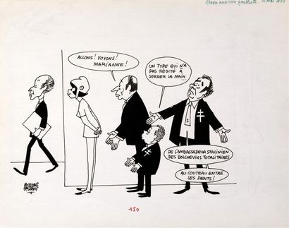 null " Chasse aux voix Gaullistes.", 1974.
Dessin à l'encre noire sur papier signé...