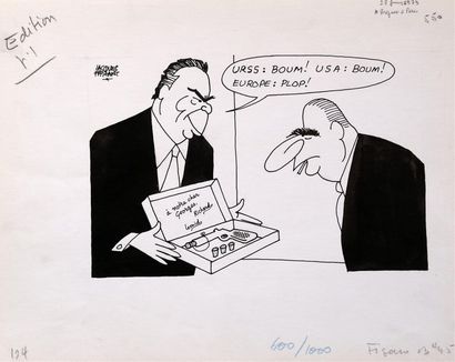 null " Mr.Brejnev à Paris.", 1973.
Dessin à l'encre noire sur papier signé en haut...