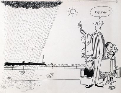 null " Rideau ! ", 1964.
Dessin à l'encre noire sur papier signé en bas à droite,...
