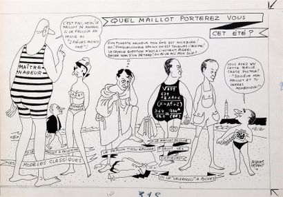 null " Quel maillot porterez-vous cet été ? ", 1964.
Dessin à l'encre noire sur papier...