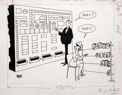 null " Prêt ?" - " Prêt ! ", 1968.
Dessin à l'encre noire sur papier signé en bas...
