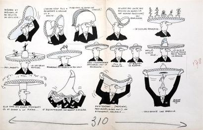null Le langage du sombrero, 1964.
Dessin double page à l'encre noire et rehaut de...