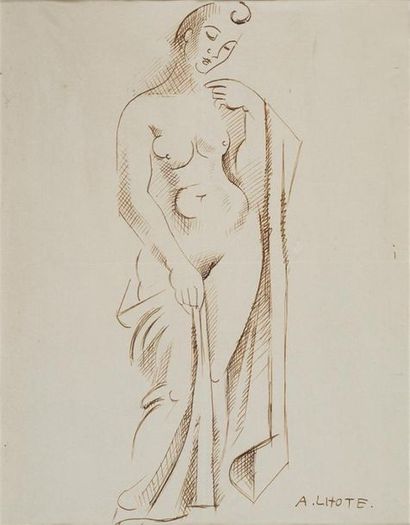 null André LHOTE (1885-1962)
Baigneuse au drap
Plume et encre brune (traces de plis)....