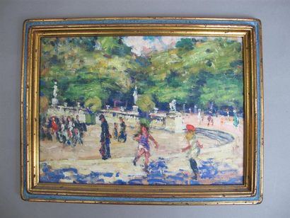 null Clarence Montfort GIHON (1871-1929)
Le jardin du Luxembourg animé 
Trois huiles...