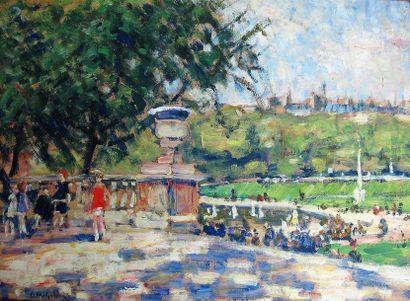 null Clarence Montfort GIHON (1871-1929)
Le jardin du Luxembourg animé 
Trois huiles...